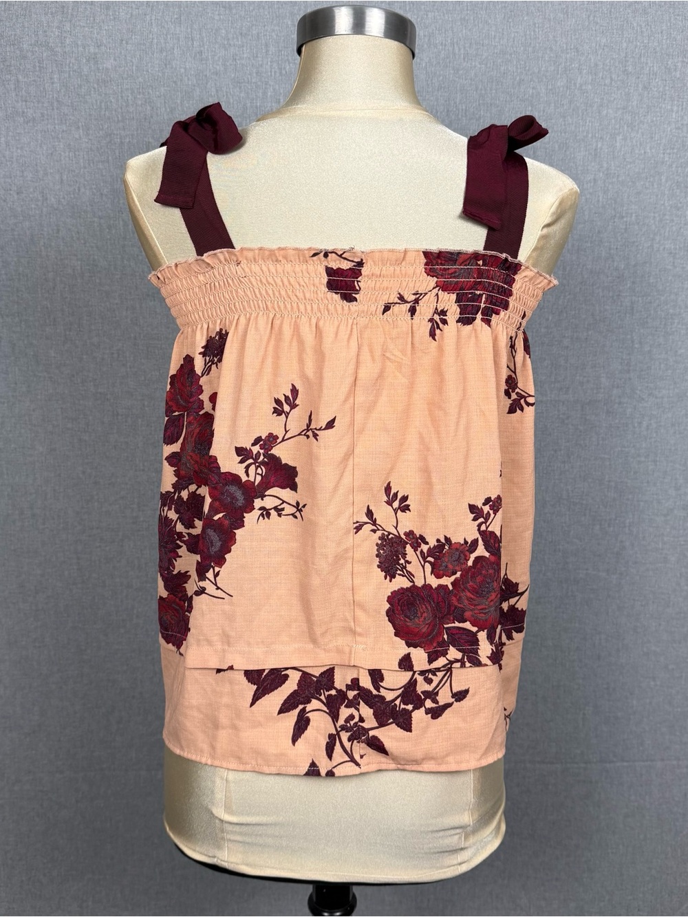 Bobeau Pink Floral Smocked Tie Strap Tiered‎ Cami Top S